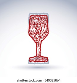Stylized flower-patterned goblet isolated on white backdrop, alcohol drink theme vector illustration. Elegant decorative wineglass with shadow, romantic design element. 