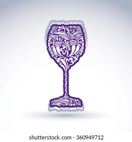 Stylized flower-patterned goblet isolated on white backdrop, alcohol drink theme illustration. Decorative wineglass with shadow, romantic vector design element. 