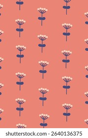 Stylized flowers arranged in a repeating pattern on a contrasting background. Simplified botanical elements create a harmonious and modern look. Cartoon vector illustration.