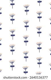 Stylized flowers arranged in a repeating pattern with simple shapes and clean lines. Blossoms are depicted with minimalistic elegance and symmetry. Cartoon vector illustration.