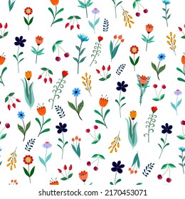 Stylized flowers, berries, decorative twigs. Seamless floral pattern.