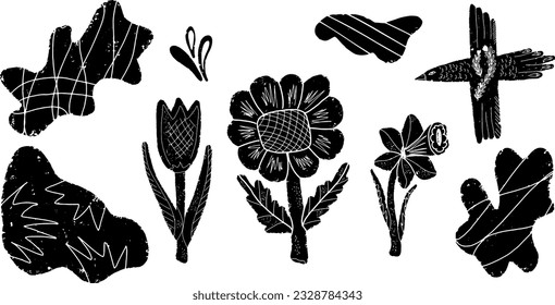 Stylized flowers, bird, abstract spots. Vector set. Hand-drawn illustration in linocut style. Black vector element for design