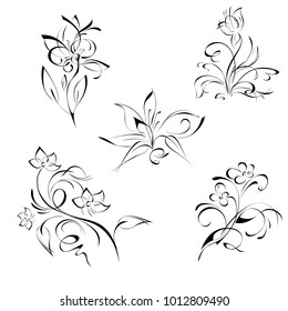 stylized flowers in black lines on a white background. SET