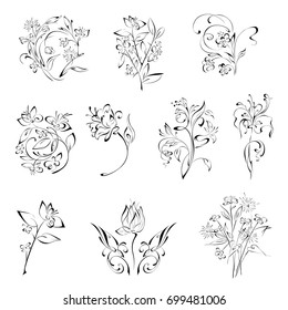 stylized flowers in black lines on a white background. SET