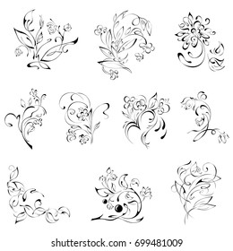 stylized flowers in black lines on a white background. SET
