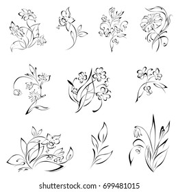 stylized flowers in black lines on a white background. SET