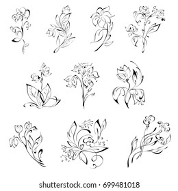 stylized flowers in black lines on a white background. SET