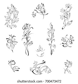 stylized flowers in black lines on a white background. SET