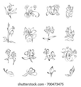 stylized flowers in black lines on a white background. SET