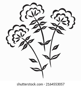 Stylized flowers black and white illustration outline. Flowers silhouette brush ink painting. Black isolated vector on white background.