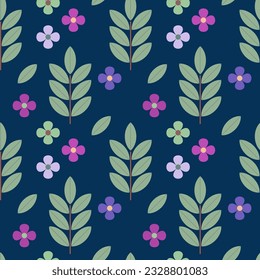 Stylized flowers, branches and leaves on dark blue background vector seamless pattern