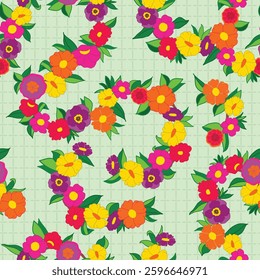 Stylized Flowers in Bright Summer Colors on a Lattice Textured Mint Green background creating a seamless pattern print background