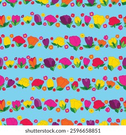 Stylized Flowers in Bright Summer Colors in Horizontal Stripes on a Sky Blue background creating a seamless pattern print background