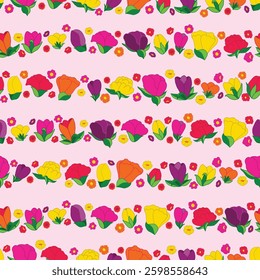 Stylized Flowers in Bright Summer Colors in Horizontal Stripes on Pastel Pink background creating a seamless pattern print background