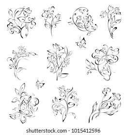 stylized flowers and butterflies in black lines on a white background. SET