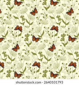 Stylized flowers with butterflies.Vector seamless pattern with butterflies and stylized flowers on a green background.