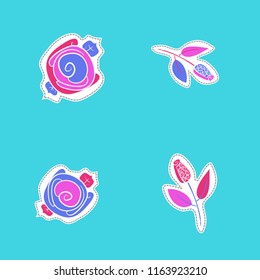 Stylized flowers, dashed lines, labels pattern . Hand drawn.