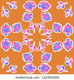 Stylized flowers, dashed lines, labels pattern . Hand drawn.