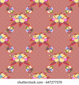 Stylized flowers in ditsy style. Vector little flowers seamless pattern in blue and pink colors. Floral wallpaper.