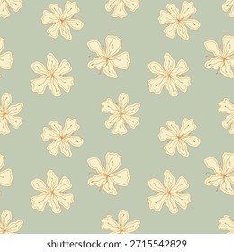 Patrón de doodle de flores estilizadas, contorno de oro floral dibujando flores sobre fondo verde pastel.