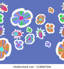 Stylized flowers, doodles, beetles, dotted lines, labels pattern. Hand drawn.