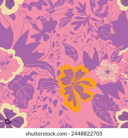 stylized flowers in flat style hand drawn vector seamless pattern, neon, pop art.	
