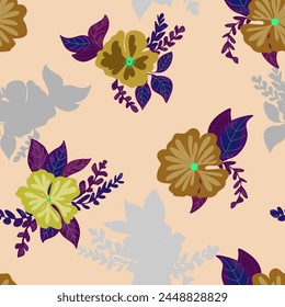 stylized flowers in flat style hand drawn vector seamless pattern. Retro style
