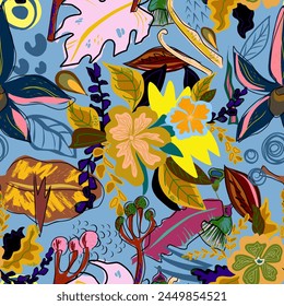 stylized flowers in flat style hand drawn vector seamless pattern. Retro style
