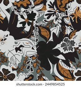 stylized flowers in flat style hand drawn vector seamless pattern. Retro style