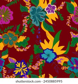 stylized flowers in flat style hand drawn vector seamless pattern. Retro style	

