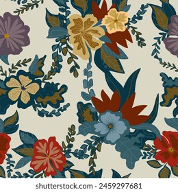 stylized flowers in flat style hand drawn vector seamless pattern. Retro style