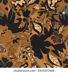 stylized flowers in flat style hand drawn vector seamless pattern. Retro style