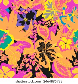 stylized flowers in flat style hand drawn vector seamless pattern. Retro style