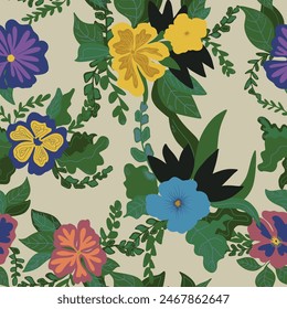 stylized flowers in flat style hand drawn vector seamless pattern. Retro style
