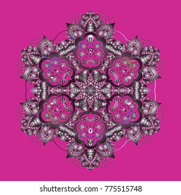 Stylized Flowers. Folk Style. Design for Fabric or Wallpaper. Decorative Texture Background of Mandalas. Vector illustration. Lacy Fashion Print for Textile. Ethnic of Lace Snowflakes.