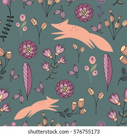 Stylized flowers and foxes on a green background. Seamless pattern
