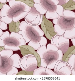 Stylized Flowers in Lavender and Mauves with Celadon Sage Leaves on Dark background creating a seamless pattern print background