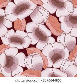 Stylized Flowers in Lavender and Mauves with Coral Orange Leaves on Dark background creating a seamless pattern print background