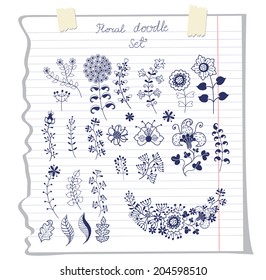 Stylized  flowers ,leaf, branches set.Outline doodle bouquet.Sketchy Notepaper background.Floral  composition in retro style. Design template for wedding,easter,summer,spring.Cute Vector illustration