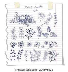 Stylized  flowers ,leaf, branches set.Outline doodle bouquet.Sketchy Notepaper background.Floral  composition in retro style. Design template for wedding,easter,summer,spring.Cute Vector illustration