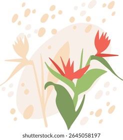 Stylized flowers and leaves in an abstract layout with soft shapes. Botanical elements are arranged artistically against a textured backdrop. Cartoon vector illustration.