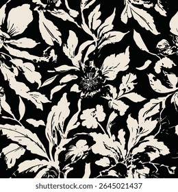 Flores y hojas estilizadas de diferentes tipos y tamaños, dibujadas en blanco sobre un fondo negro