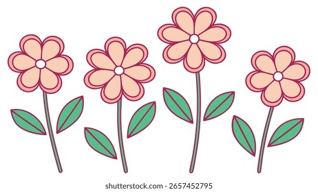 Flores estilizadas con hojas y subgrupos en una línea simple dibujando flores de primavera de diseño plano