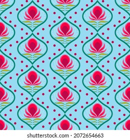 Stylized flowers on a blue background. Seamless pattern. A bold vintage retro print inspired by the 70s. For use in packaging, brochures, fabrics, prints, wallpapers, covers and flyers, packaging