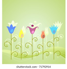Stylized flowers on a green background.