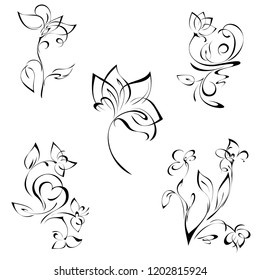 stylized flowers on the stems with leaves in black lines on a white background. SET