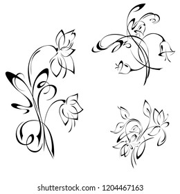 stylized flowers on the stems with leaves in black lines on a white background. SET