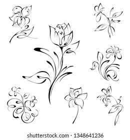 stylized flowers on stems with leaves in black lines on white background. SET