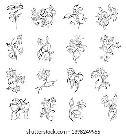 stylized flowers on stems with leaves in black lines on white background. SET