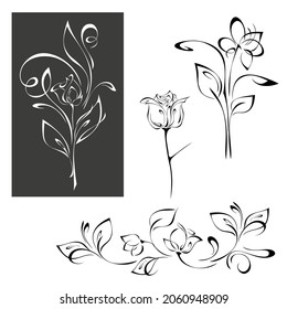 stylized flowers on stems with leaves. graphic decor, set